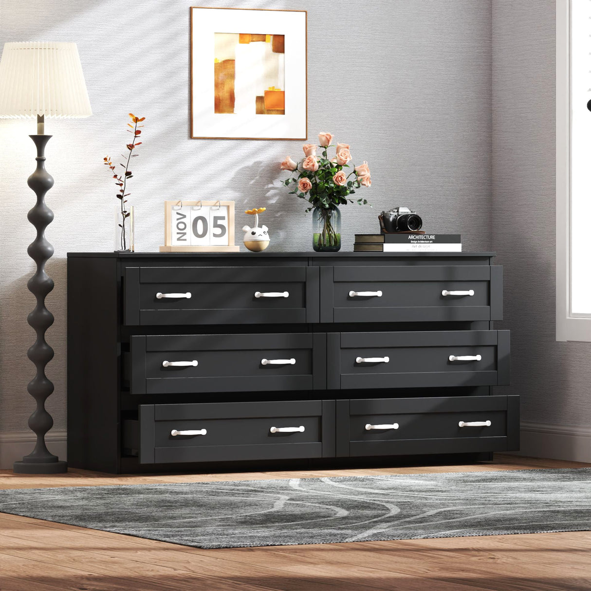 Modern Black Side Cabinet with 6 Drawers
