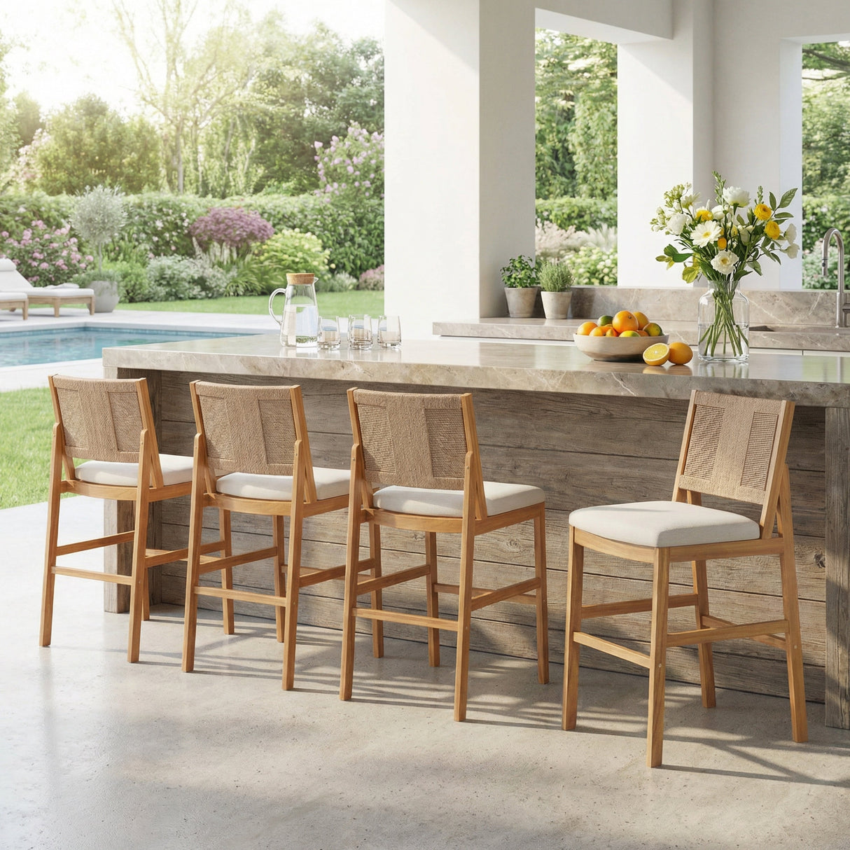 4 Pieces Natural Outdoor Bar Stool Set - Solid Acacia Wood and Woven Wicker