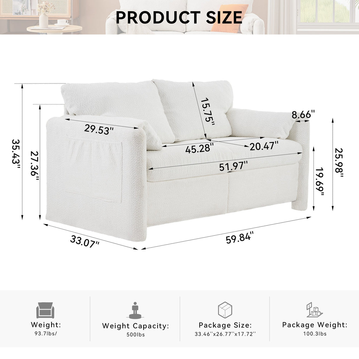 Modern Loveseat Sofa 2-Seater - Plush Chenille Fabric Ivory White