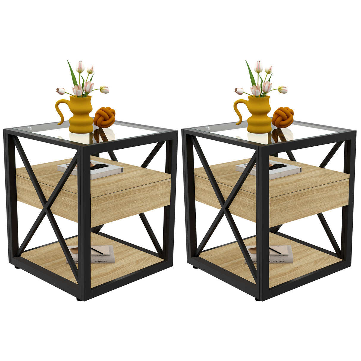 Set of 2 Modern End Table with Drawer - Nightstand for Bedroom & Living Room