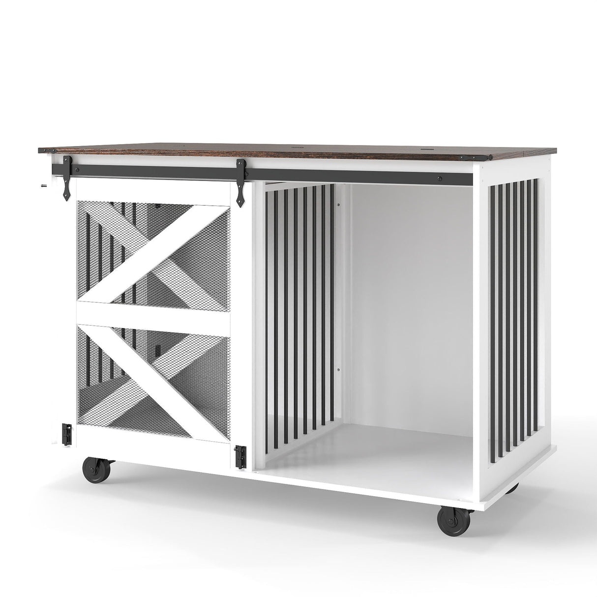 Mobile Dog Crate With Flip Top Feeding Door, Dual Access & 5 Caster System (2 Locking) - Brown White