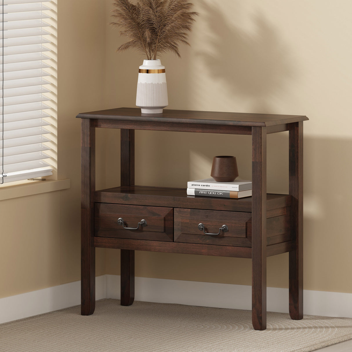 End Table in Brown Acacia Wood with Drawers
