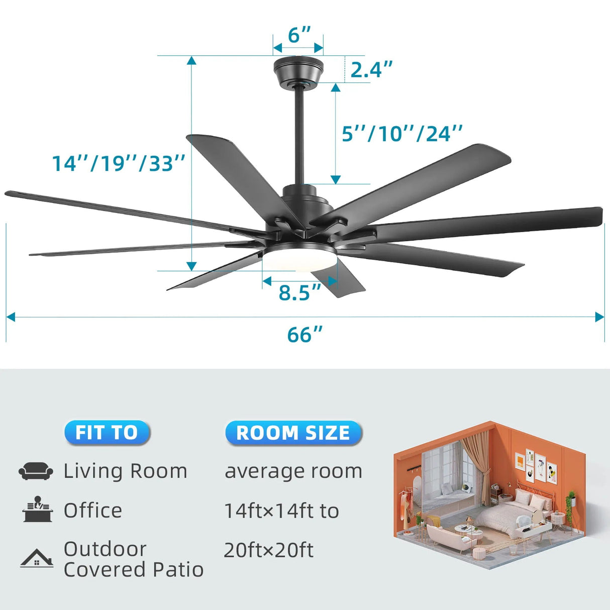 Ceiling Fan With Dimmable LED Light, 8 Blades, Smart Remote Control, Reversible DC Motor - Matte Black