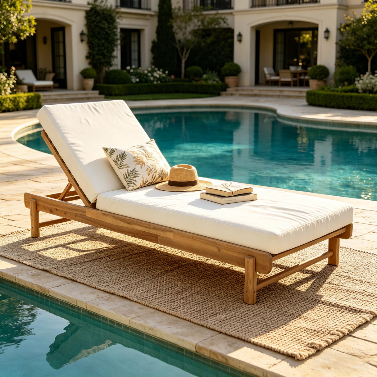 Light Teak Acacia Wood Chaise Lounge Set: 1 Frame + 1 Cushion