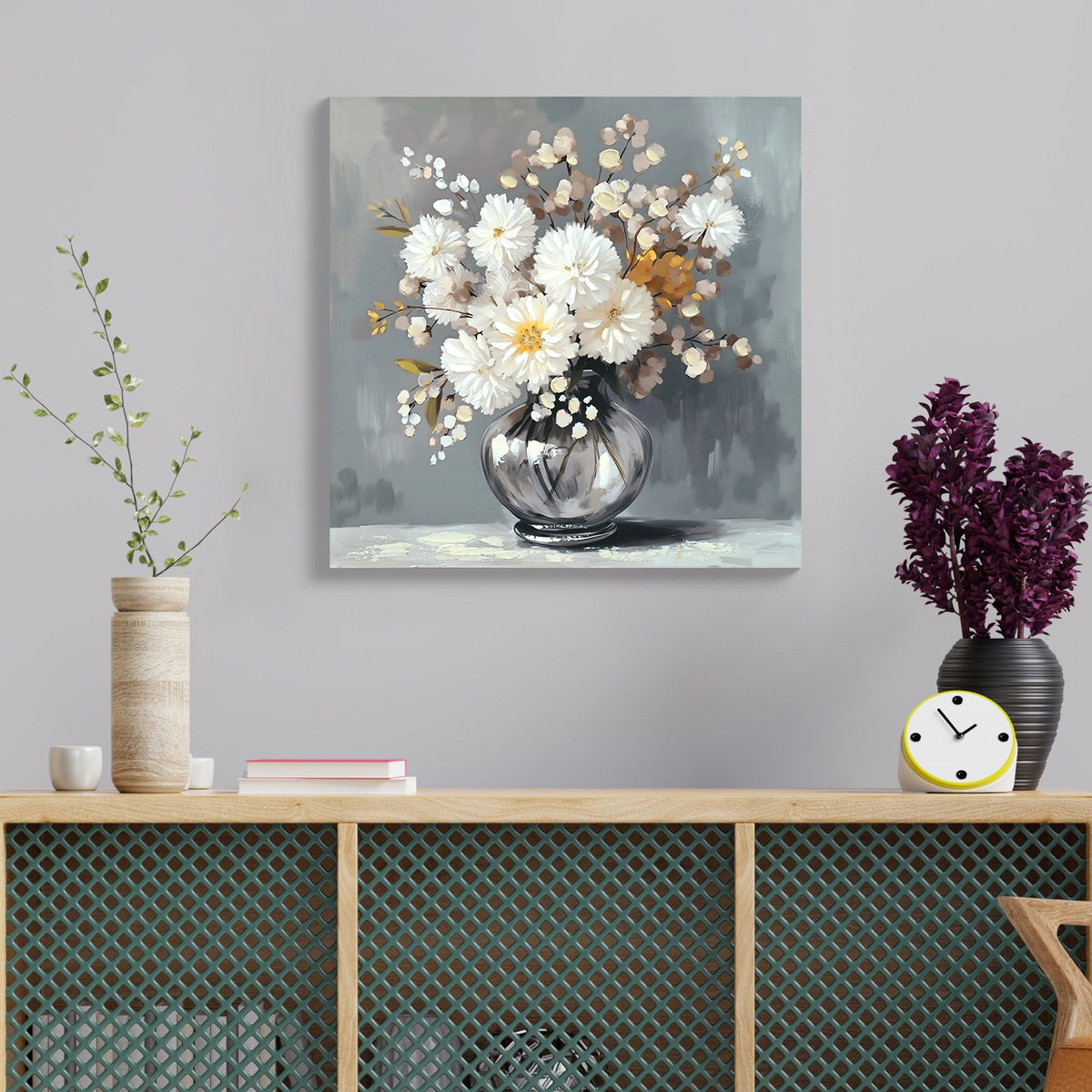 Chrysanthemum Vase Canvas Wall Art Decor Country - Stone White