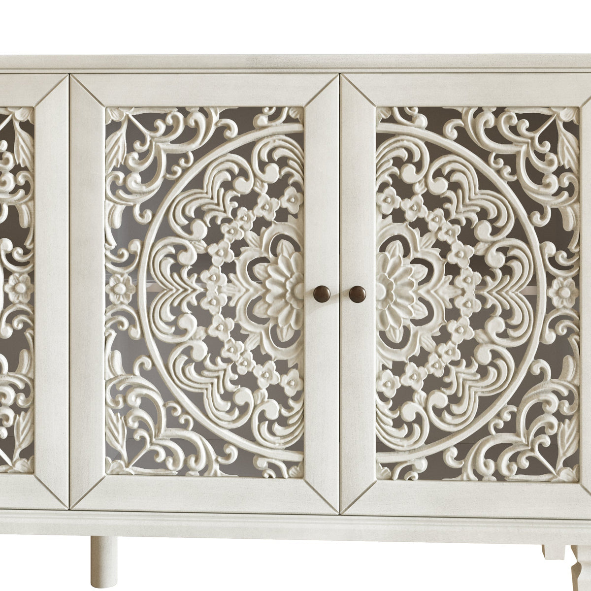 60" Antique Buffet Cabinet with Floral Carvings and Solid Wood Legs