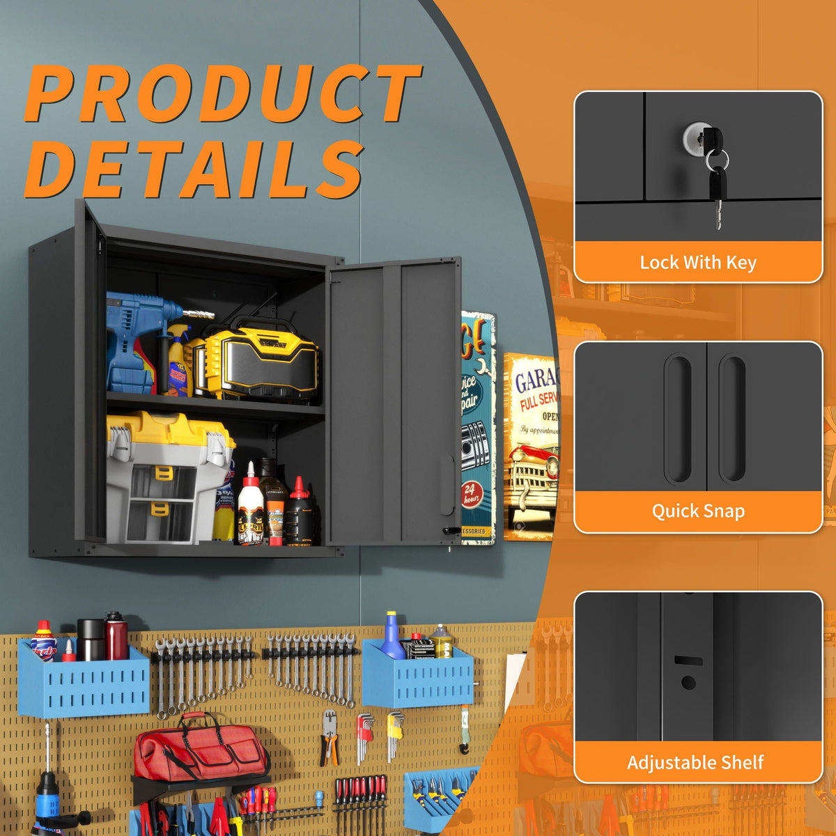 Metal Wall Mounted Tool Storage Cabinet With 2 Locking Doors, Adjustable Shelf, And Drawer