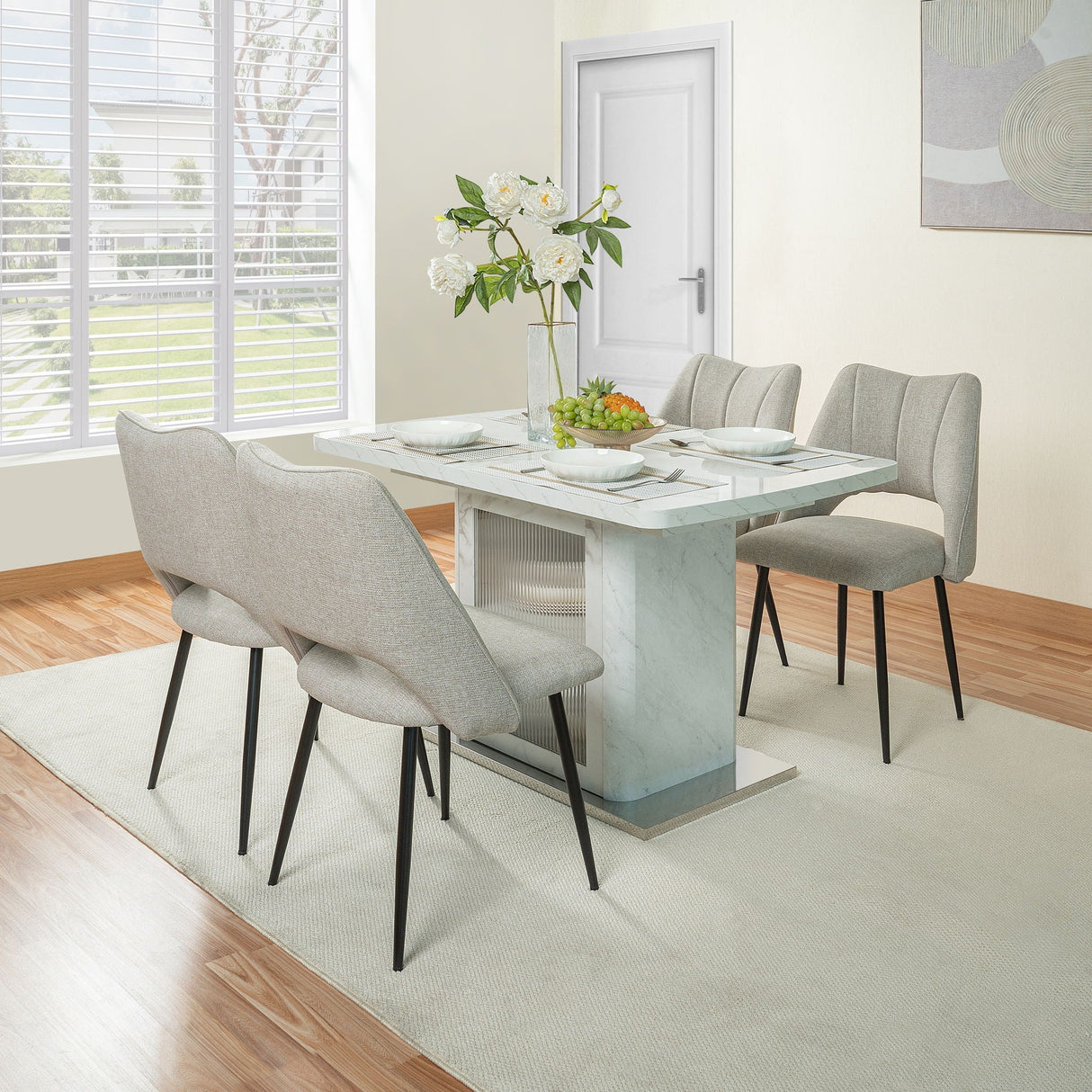 Modern Rectangle Dining Table With Stretchable Top, Storage Cabinet