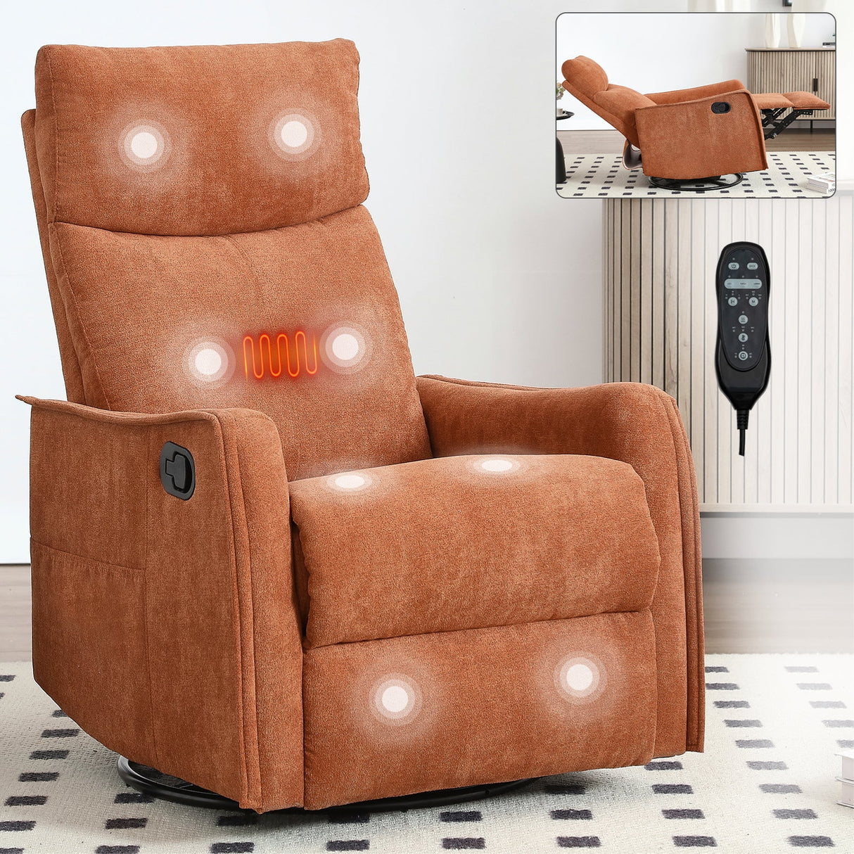 Heat Massage Manual Recliner Chair with Rocker & Swivel