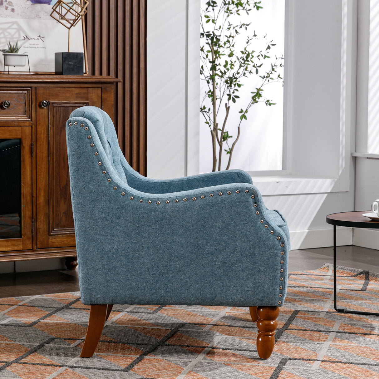 Button-Tufted Upholstered Accent Chair with Nailhead Trim and Turned Legs
