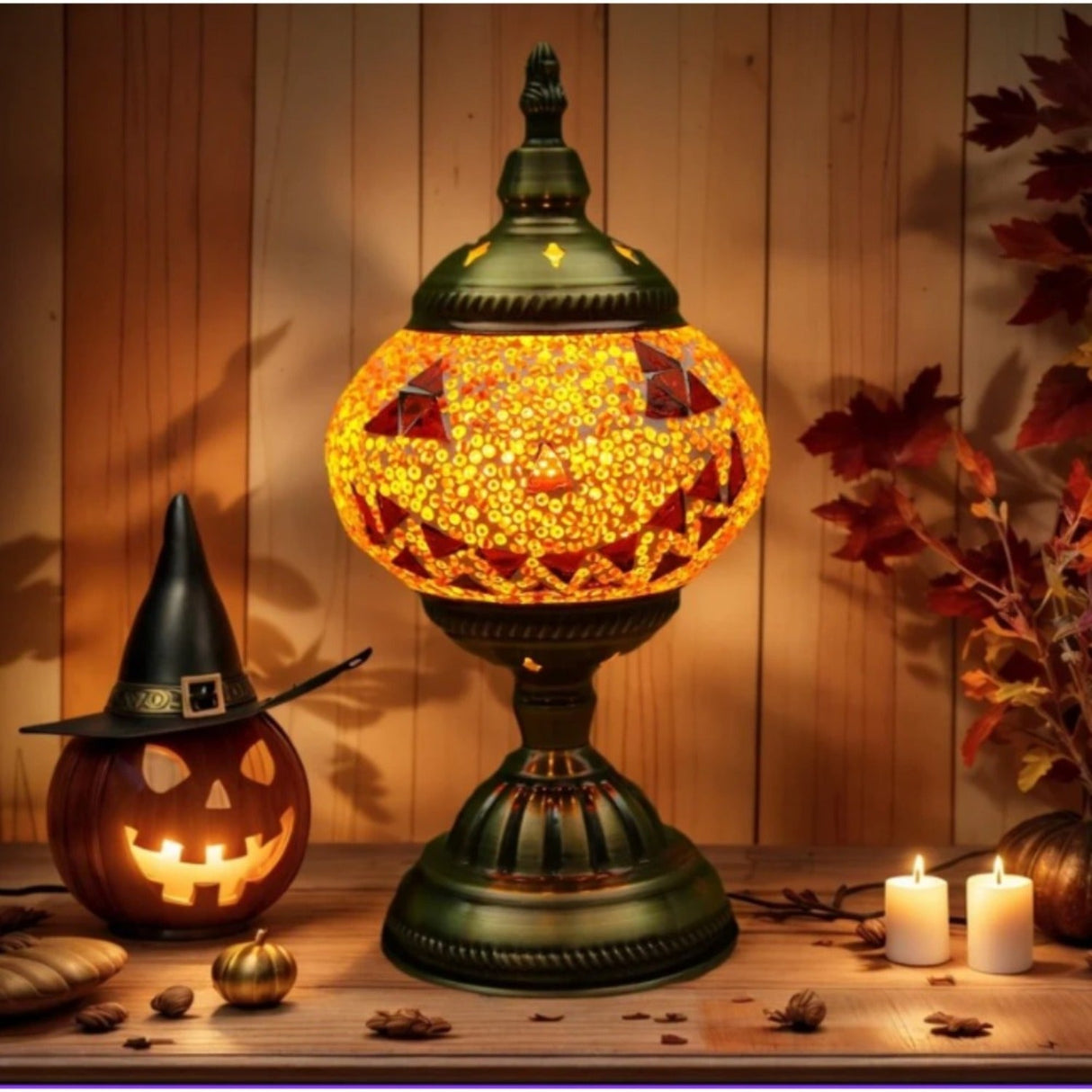 Handmade Turkish Mosaic Lamp – Dimmable Glass Pumpkin Night Light for Bedroom