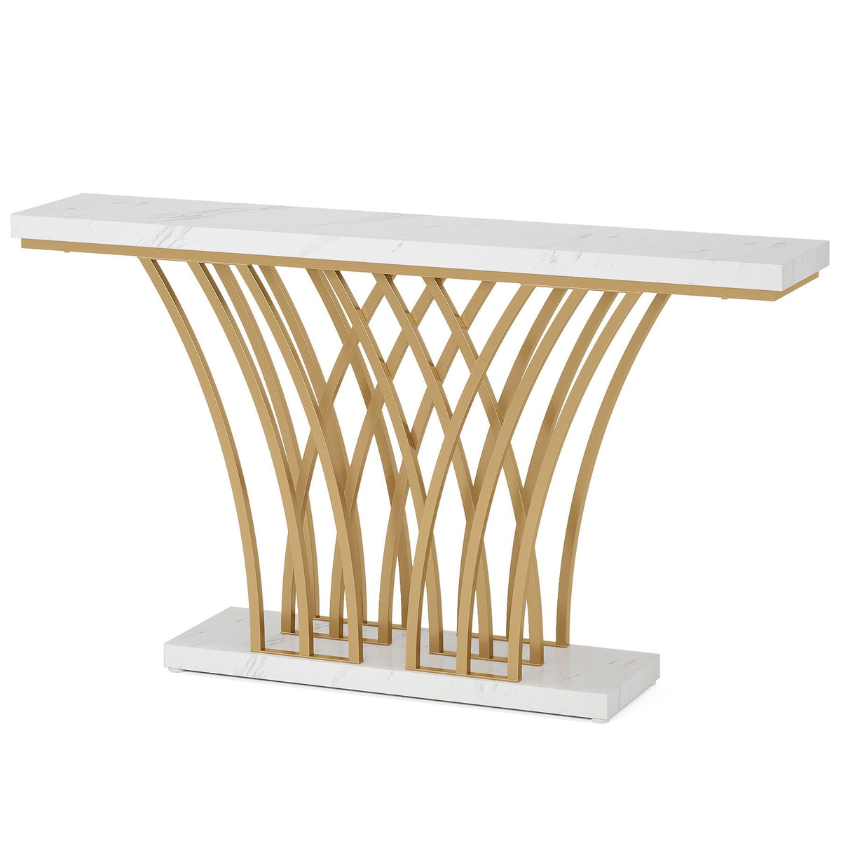 Console Table With Grid Base For Living Hallway - White / Gold