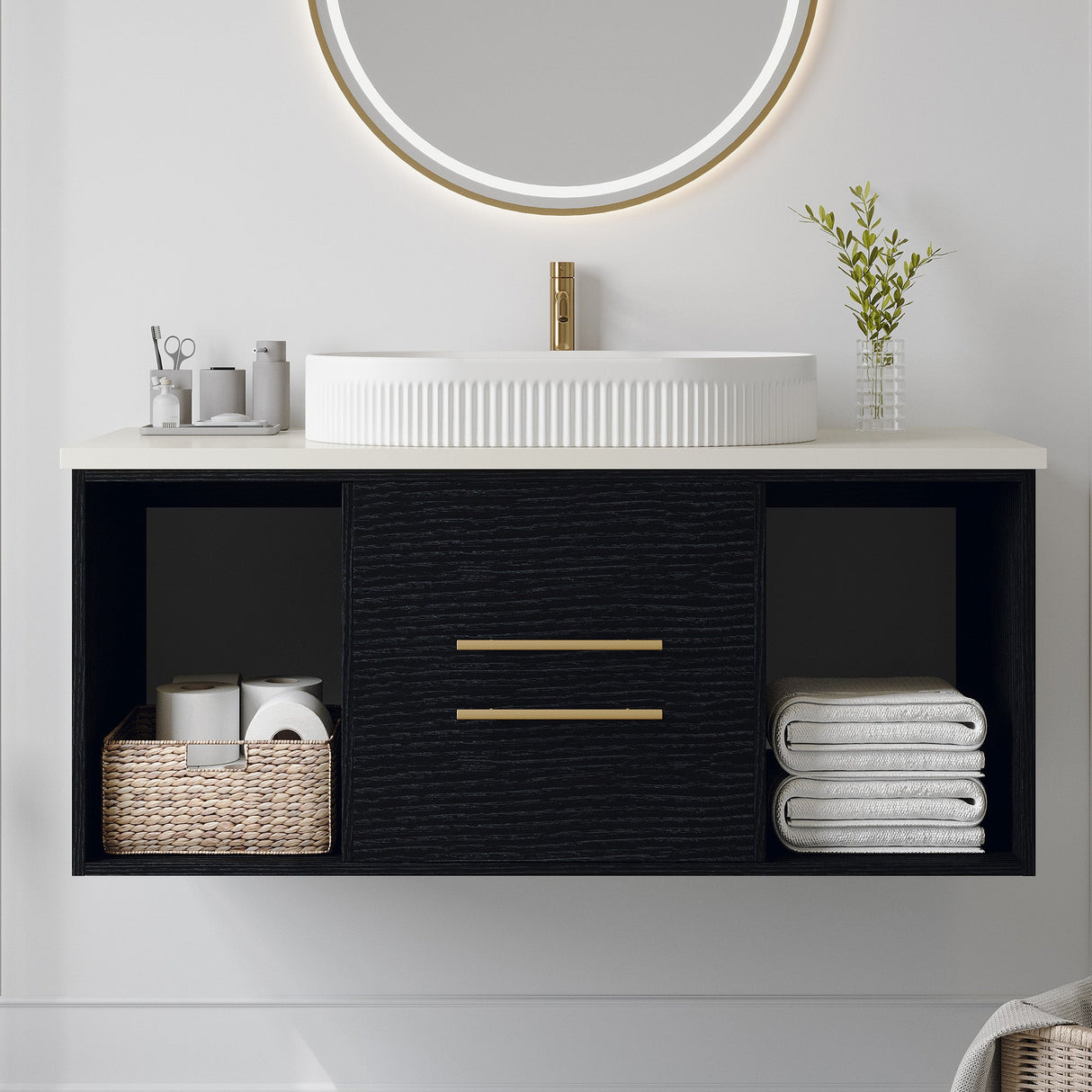 Modern 39.4-In Wall-Mounted Bathroom Vanity with Oval Ceramic Sink