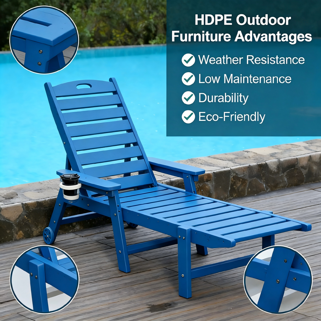 HDPE Chaise Lounge Chair Outdoor, Pool Lounge Chairs with 4-Position Adjustable Backrest, Supports Up to 360 LBS for Patio Poolside Deck Beach Backyard (blue)
