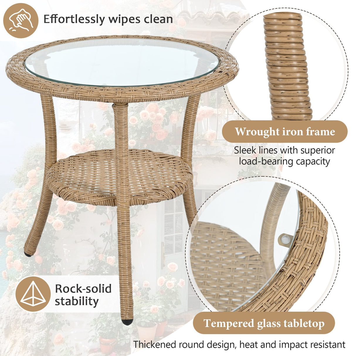U_STYLE Outdoor Leisure Set, 2 Rattan Single Chairs with Glass Round Table