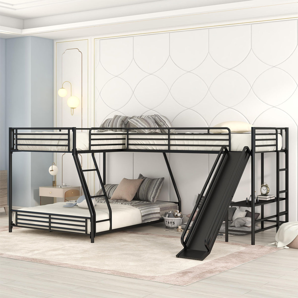 L-Shaped Twin Over Full Bunk Bed With Twin Loft, Built In Desk And Slide - Black