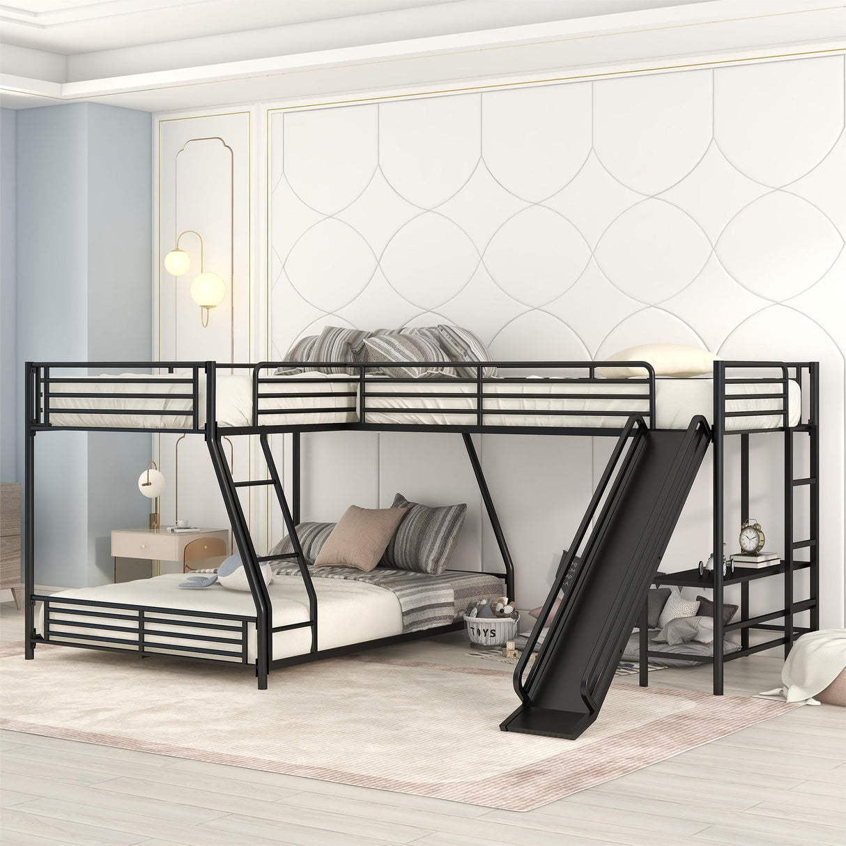L-Shaped Twin Over Full Bunk Bed With Twin Loft, Built In Desk And Slide - Black