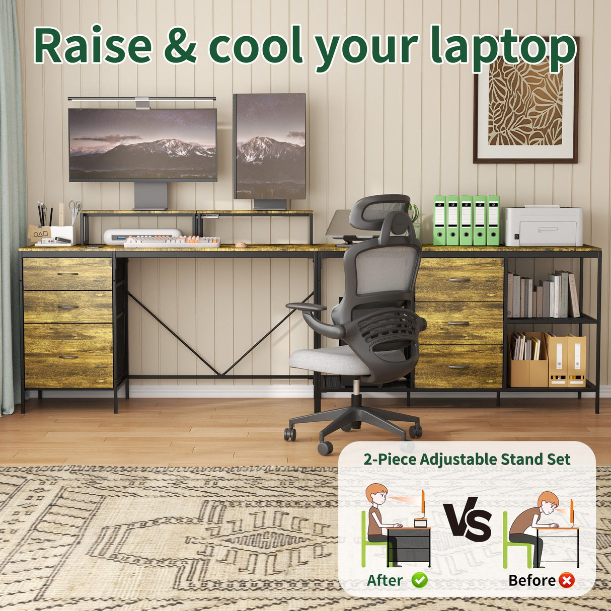 Industrial L Shaped Desk With Power Hub With 6 Drawers And Adjustable Monitor Stands - Brown