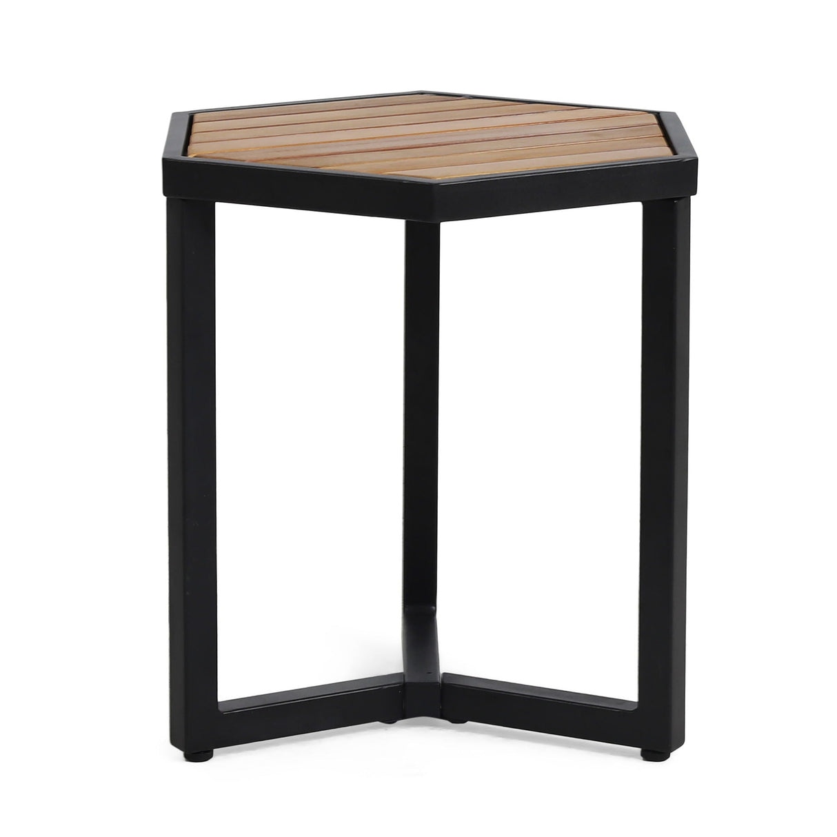 Outdoor Side Table with Iron Base and Slatted Top - Brown