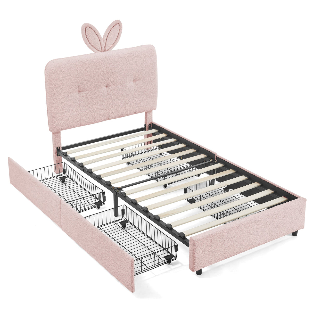 Twin Size Kids Upholstered Bed with Oversized Rabbit Ear Headboard, LED Light & 4 Storage Drawers, Boucle Fabric (79.5''X40.75''X41'')
