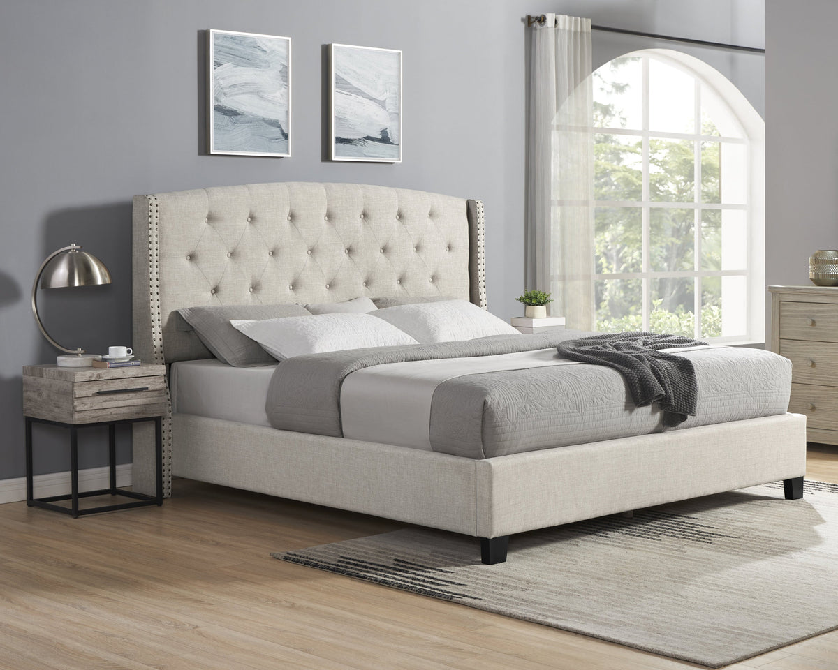 Upholstered Bedroom Set with Tufted Wingback Bed - Beige
