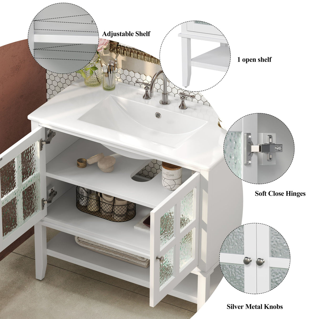 Bathroom Vanity With Ceramic Sink, Adjustable & Open Shelf