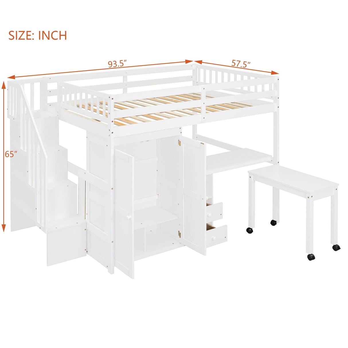 Loft Bed With Stairs, Bookshelf, Drawers, Desk & Wardrobe, Space Saving Multifunctional Furniture
