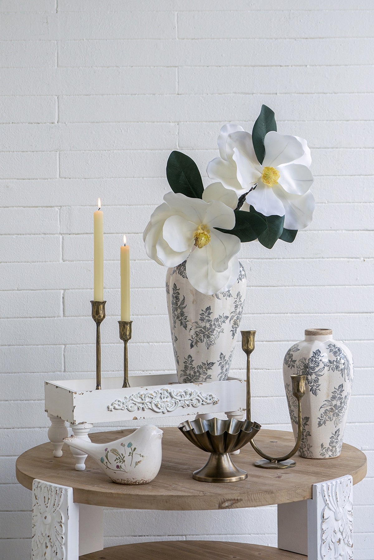 White Ceramic Accent Vase with Gray Floral Design - 11.6" Height