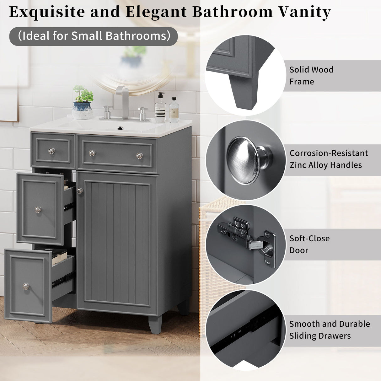 Transitional Style Bathroom Vanity Cabinet With Ceramic Sink
