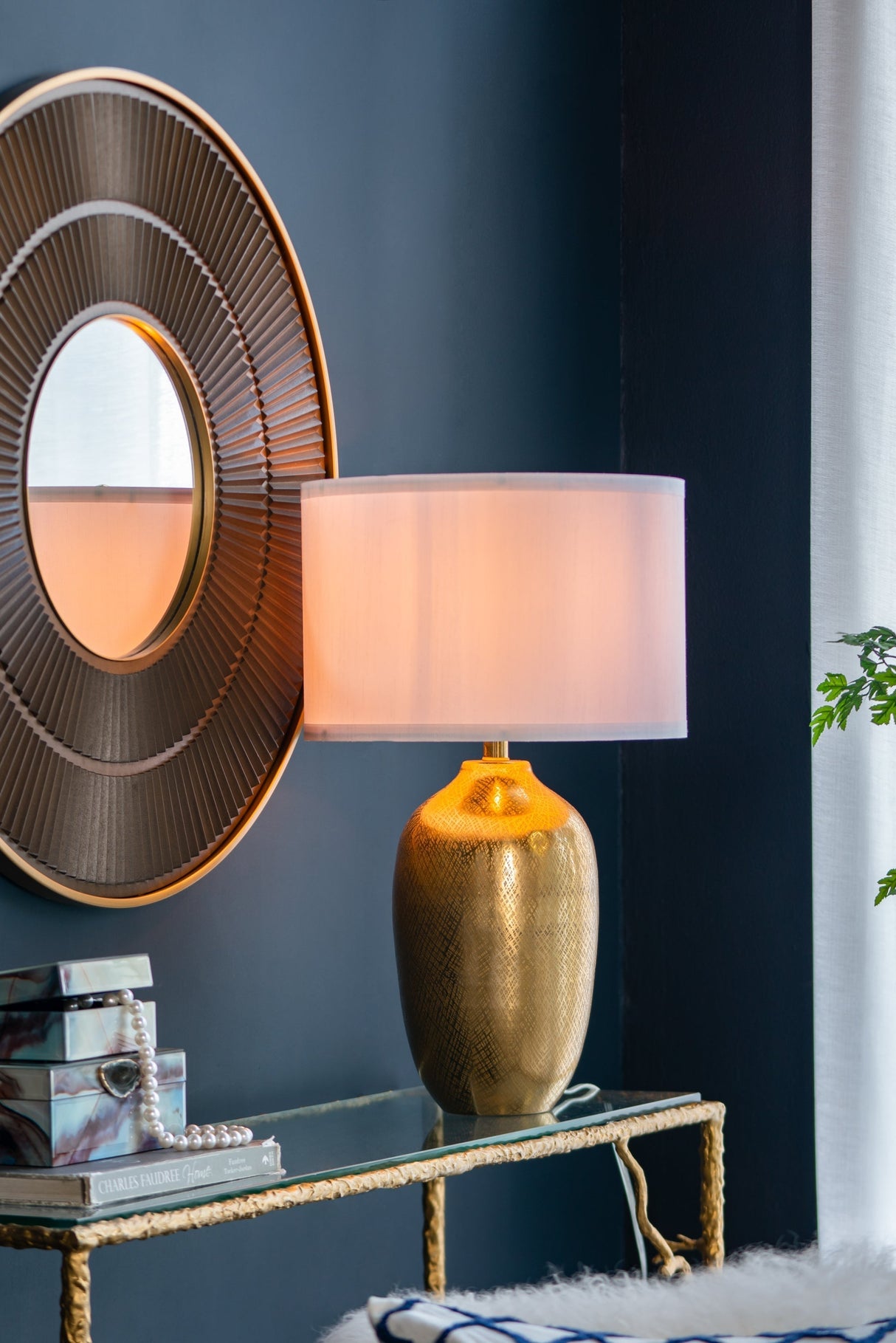 D15x25.7' Round Aluminum Sheet Gold Table Lamp with White Fabric Shade