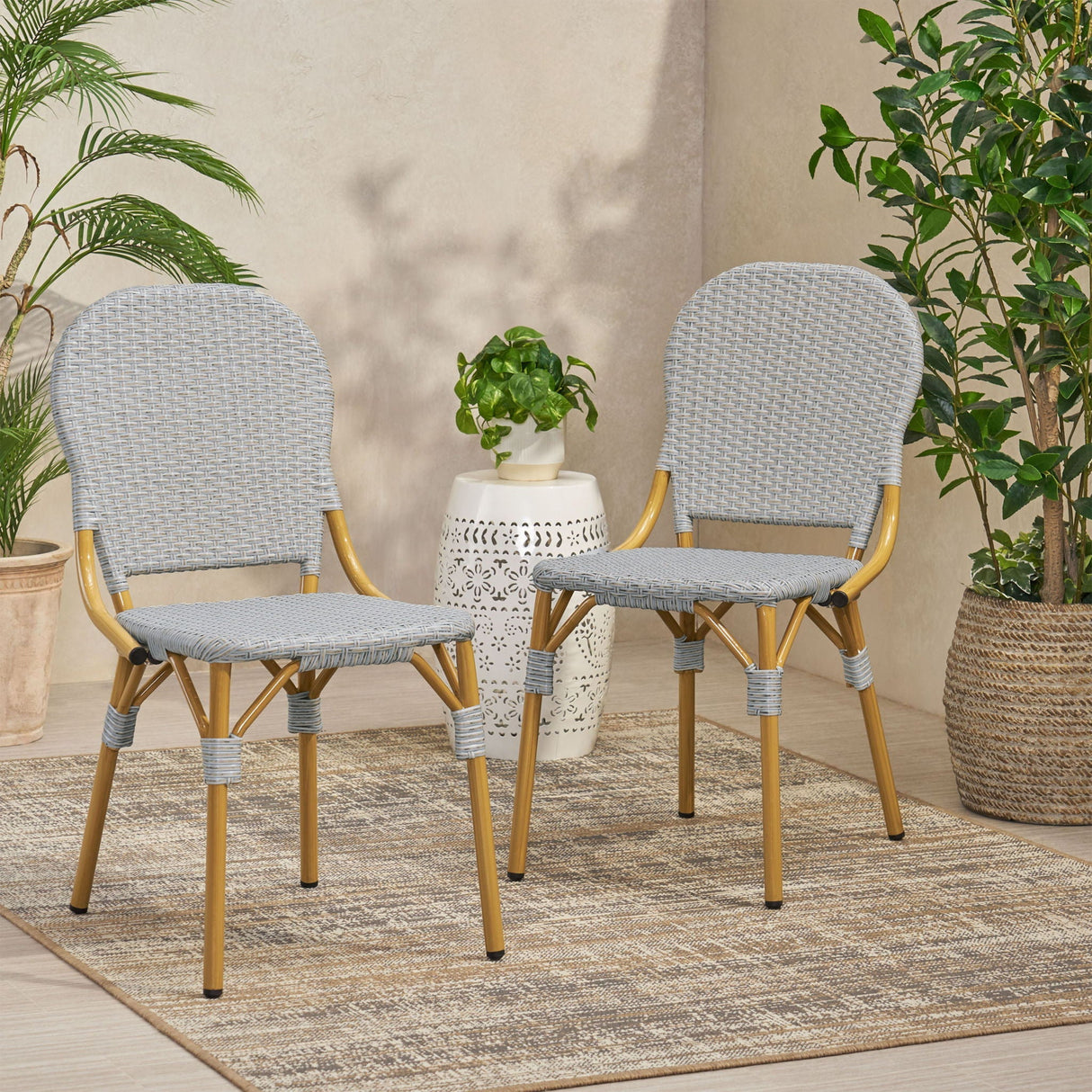 Outdoor Rattan and Aluminum Armless French Bistro Chairs (Set of 2) - Dark Gray