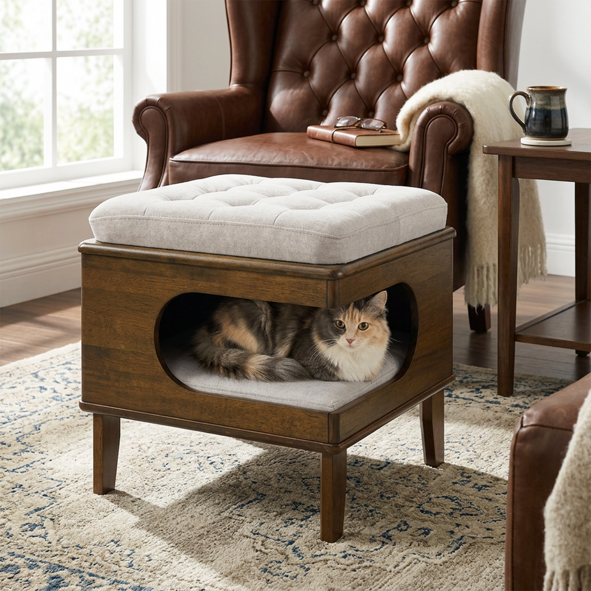 Letitia Rubber Wood Cat Bed Ottoman