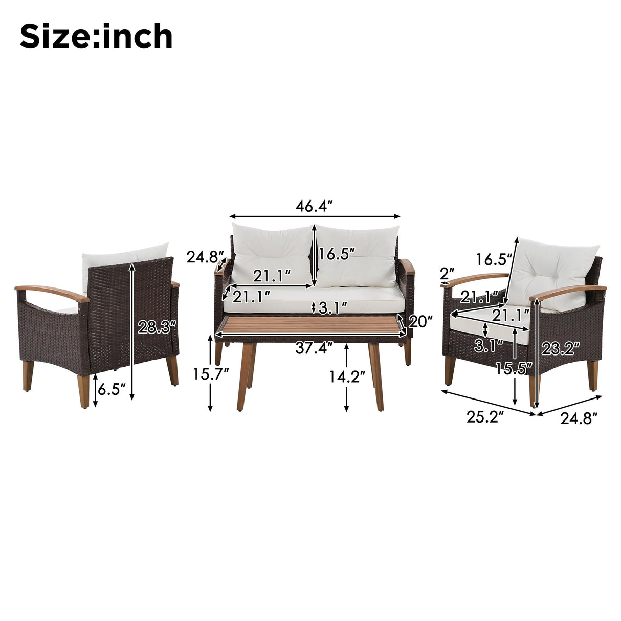 4 Piece PE Rattan Outdoor Sofa Set with Wood Table and Legs