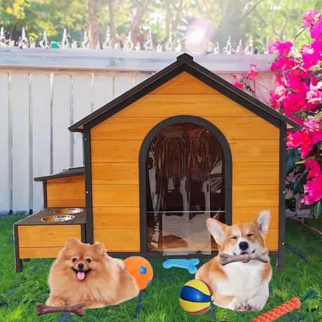XPT088-Wearable-and-Strong-Wooden-Dog-House-with-Metal-Bowls-and-Toy-Box-Dog-House