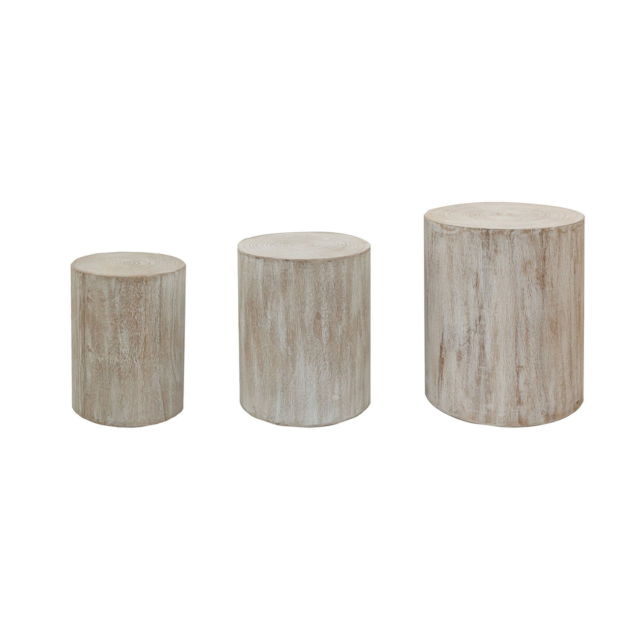 Set of 3, Rounded Wood Coffee Tables, End Tables, Plant Stands,Decorative Accent Pieces - Whitewashed Wood Finish