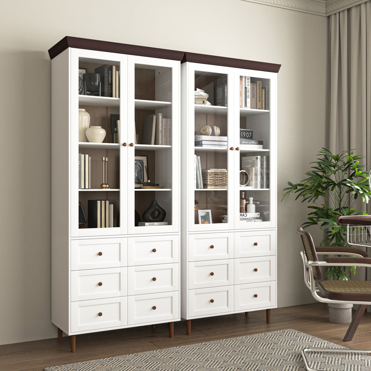 White MDF Display Storage Cabinet with Glass Doors and Adjustable Shelves