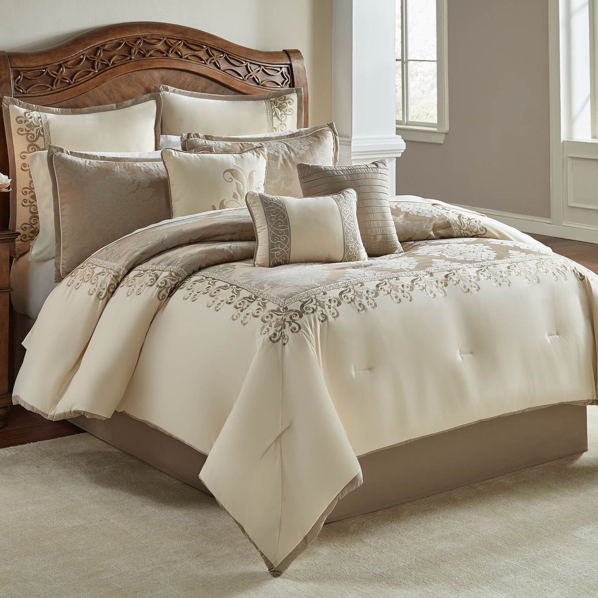 Hillcrest-9-Pc-Ivory-Damask-Jacquard-Comforter-Ensemble-Quilts-&-Comforters