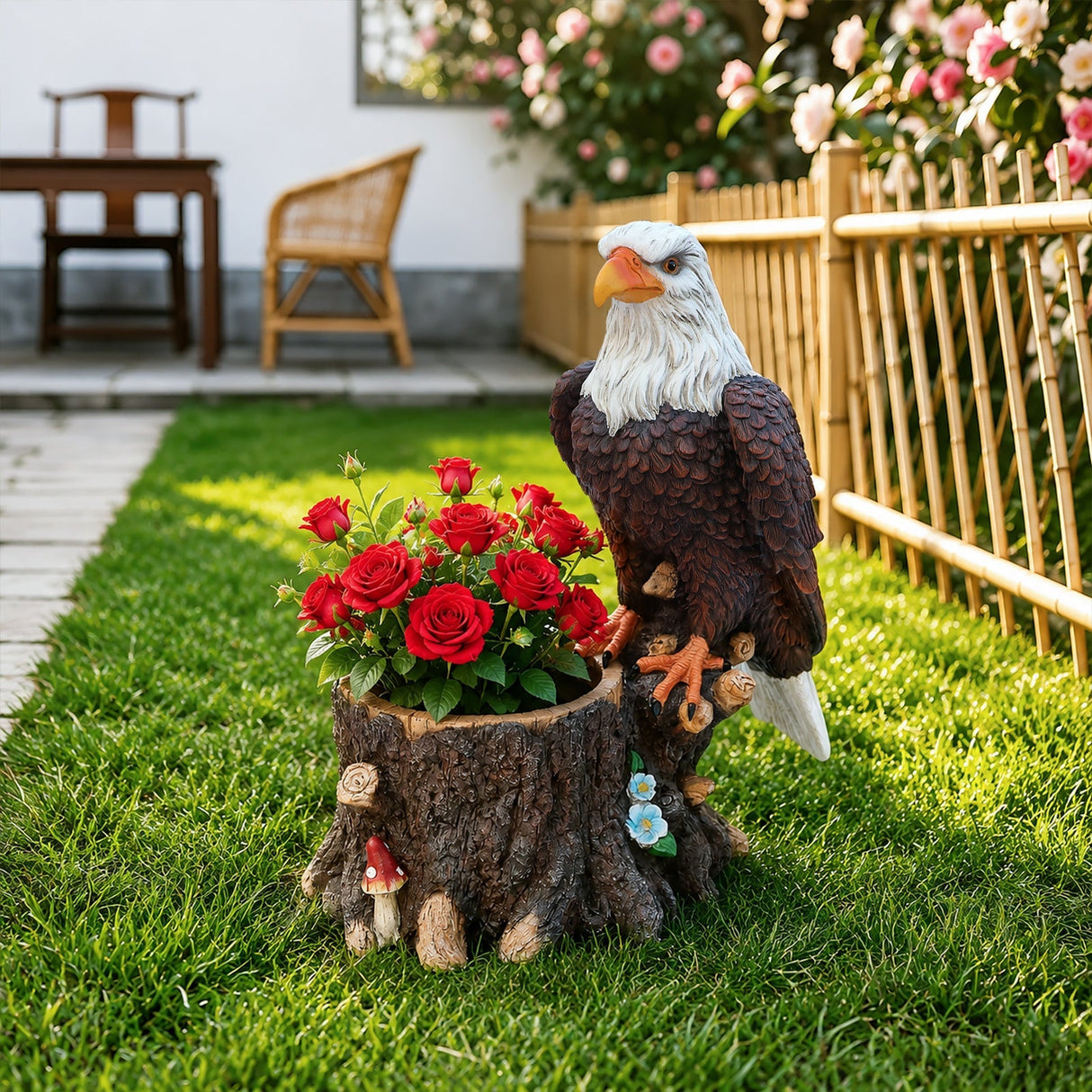 Realistic Standing Eagle Garden Planter on Tree Stump