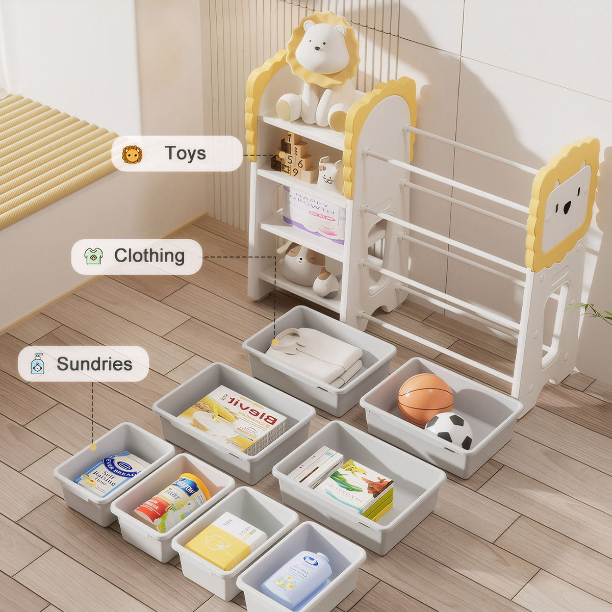 Kids Bookshelf and Toy Storage with 8 Removable Bins - Gray / White / Yellow