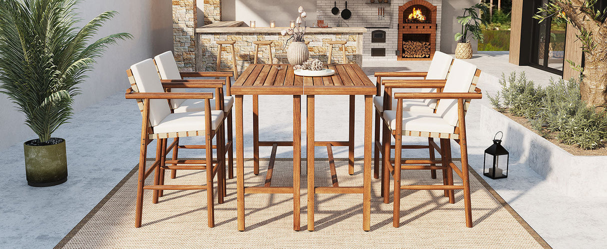6 Piece Outdoor Bar Set with Acacia Wood Table & Cushioned Stools