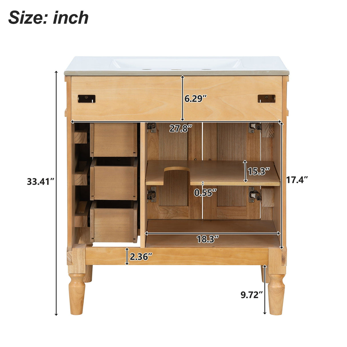 Modern Bathroom Vanity With Ceramic Sink, Soft Close Doors, Adjustable Shelves