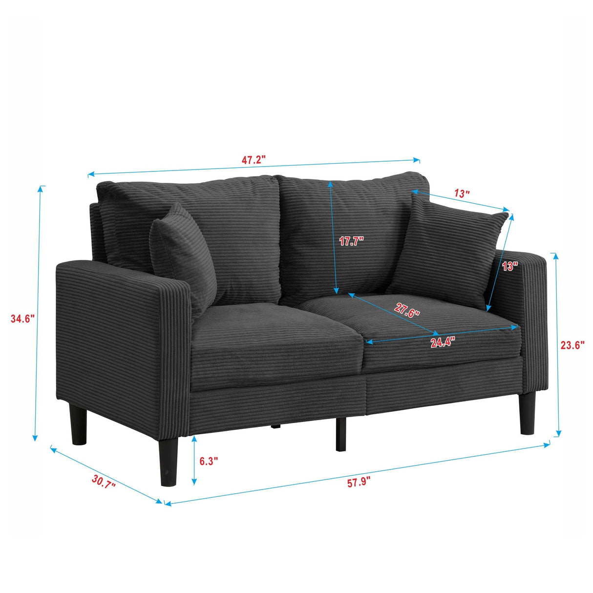 Modern Upholstered Loveseat Sofa With High Resilience, Wooden Frame - Dark Gray