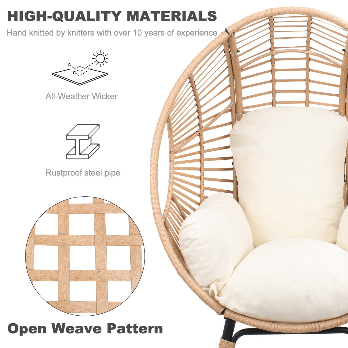 New Style PE Wicker Weaving Patio Egg Chair with Natural Color Rattan Beige Cushion