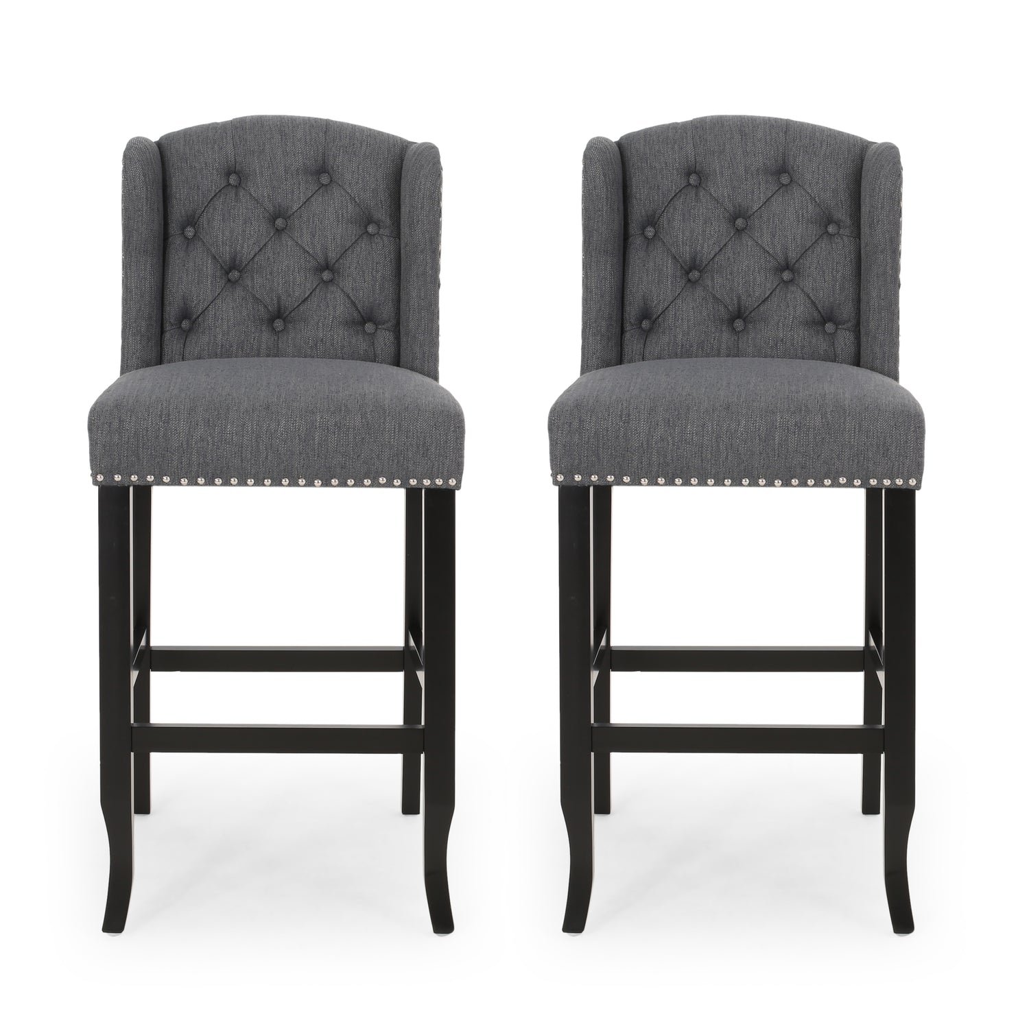 Fabric Tufted Counter Stool with Nailhead Accents, Set of 2, Charcoal
