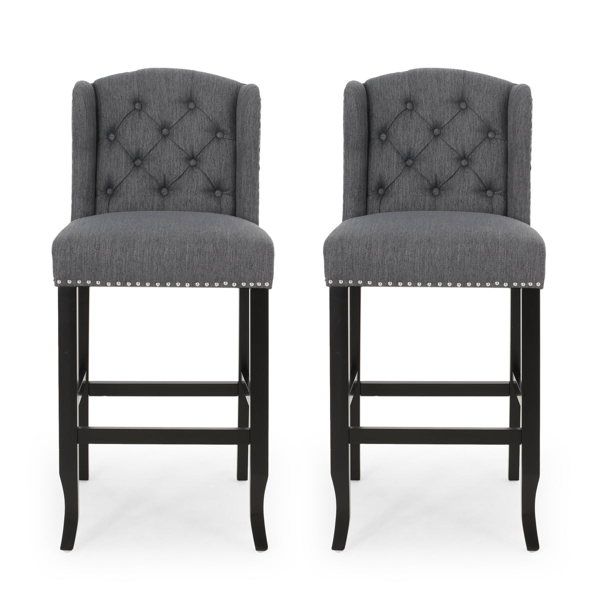 Fabric Tufted Counter Stool with Nailhead Accents - Set of 2 Charcoal