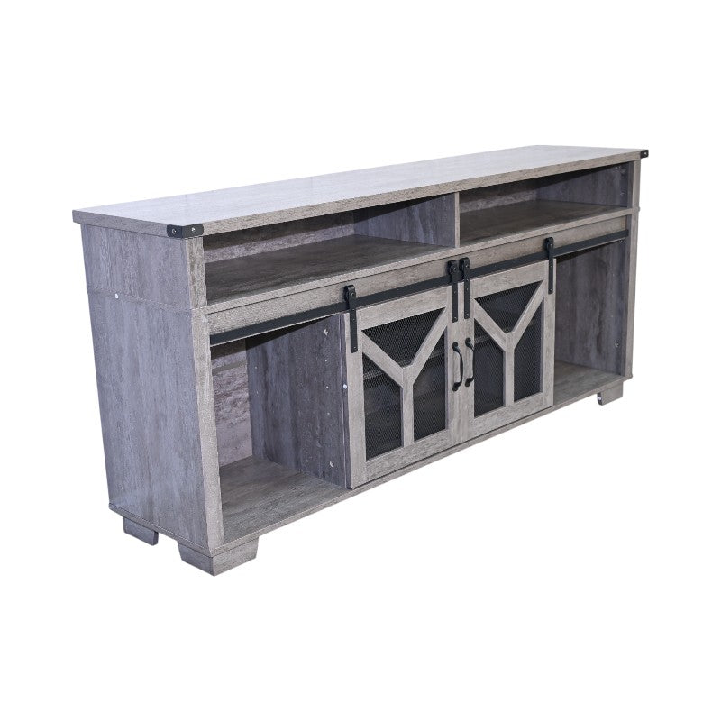 65.3" TV Stand with LED Light Strips and Iron Mesh Barn Door