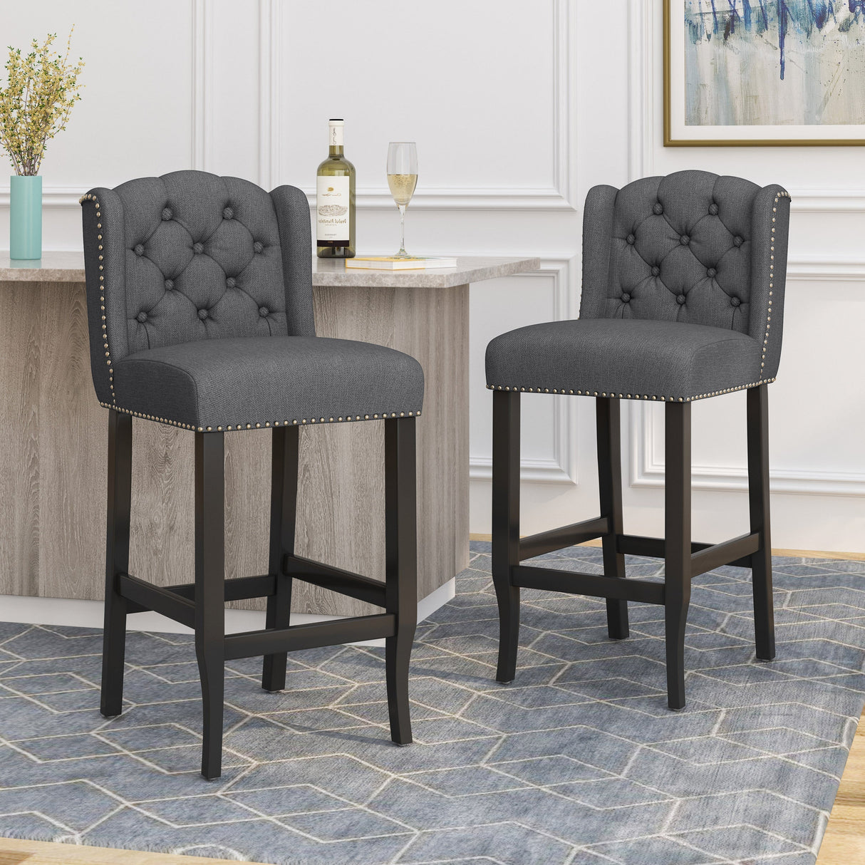 Fabric Tufted Counter Stool with Nailhead Accents - Set of 2 Charcoal