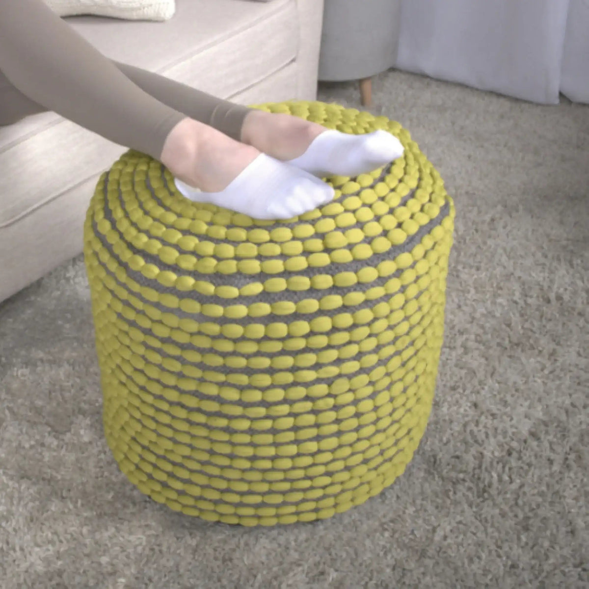 Handcrafted Cylindrical Accent Pouf with Water Resistant Fabric - White, Green, Black