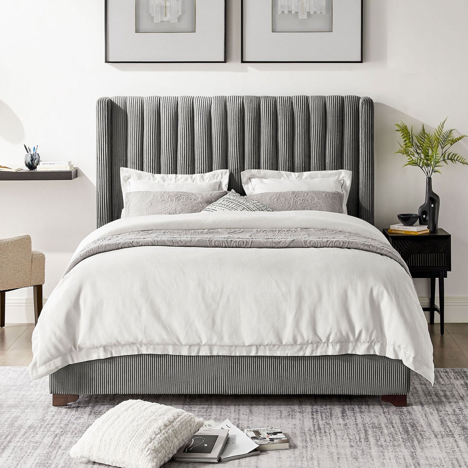 Corduroy Upholstered Wingback Bed Frame, No Box Spring
