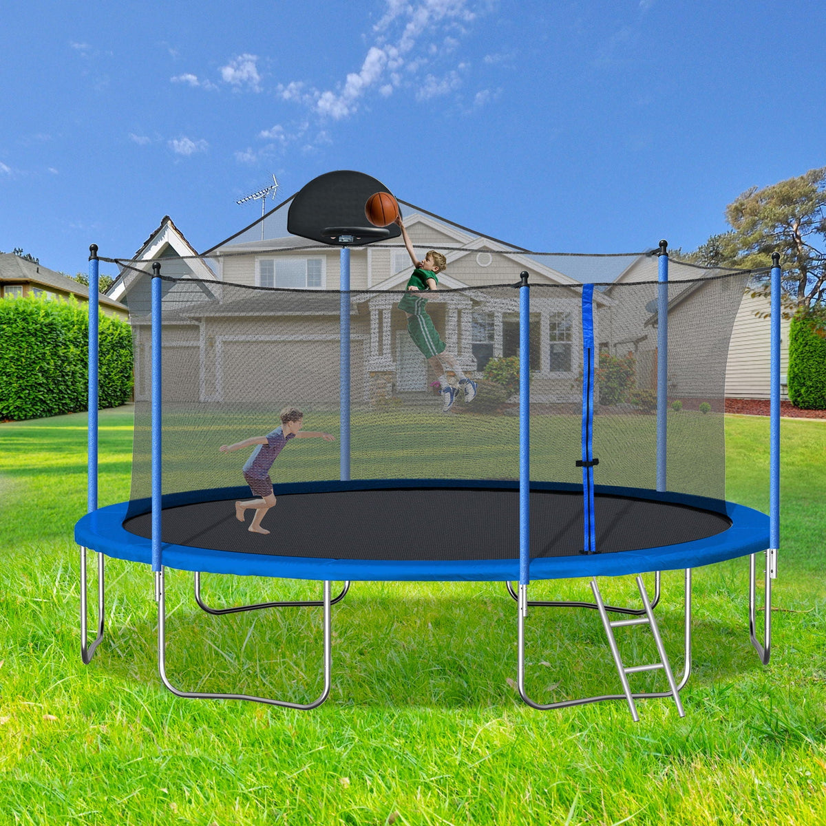 14Ft Trampoline with Safety Enclosure and Basketball Hoop - Blue